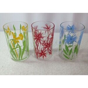 Set of 3 Vintage Floral Juice Glasses Retro Flower Design Mid Century